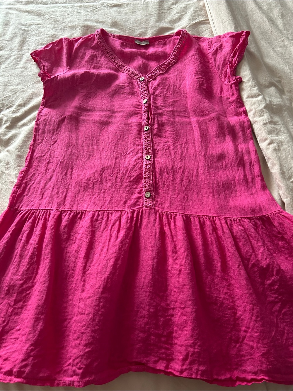Bright Pink Linen Midi Dress with Button Front